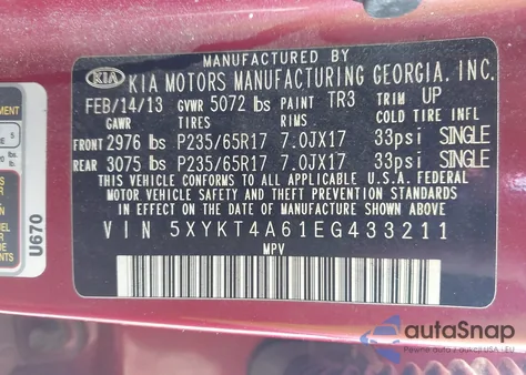 2014 Kia Sorento Lx from USA, damaged, VIN 5XYKT4A61EG433211